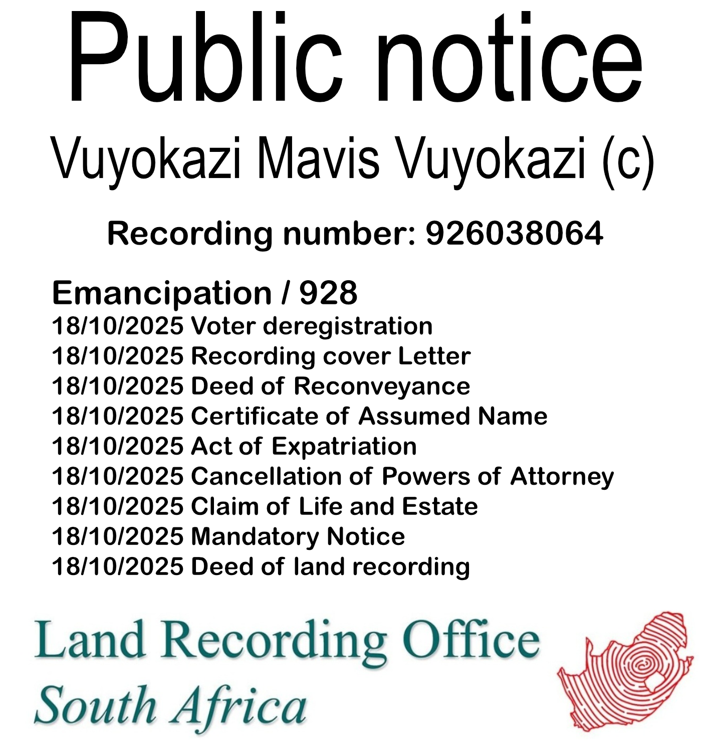 Public notice Vuyokazi Mavis Vuyokazi Recording number 926038064